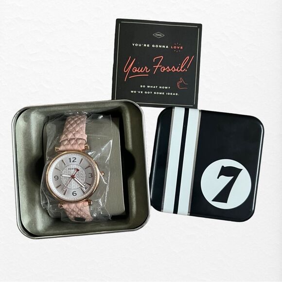 New With Tags Fossil Carlie Three Hand Date Eco Leather Watch